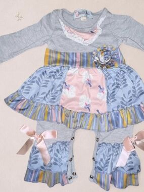 Willbelle Grey Floral Patchwork Baby Romper with Pink Bows